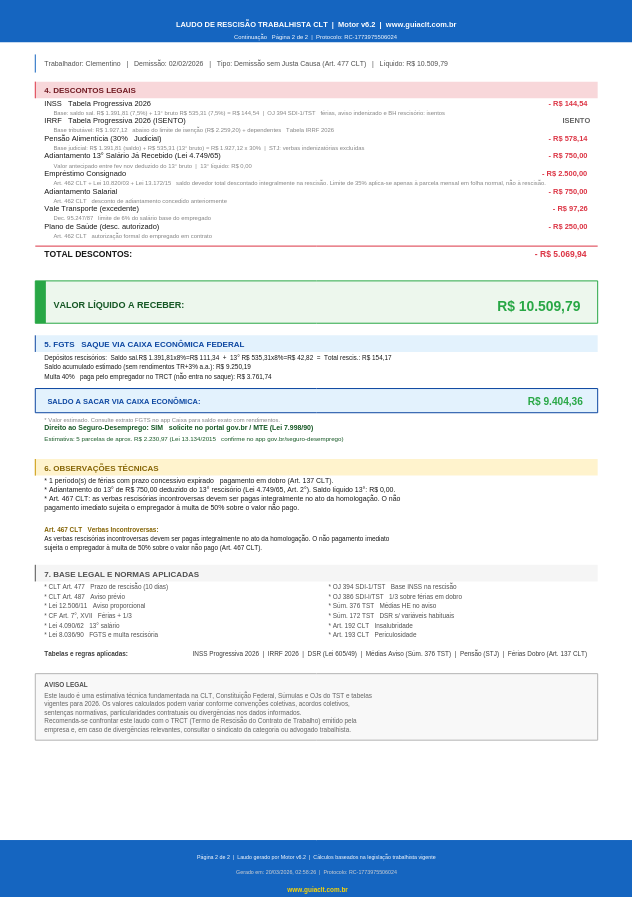 Prévia do laudo trabalhista com verbas rescisórias